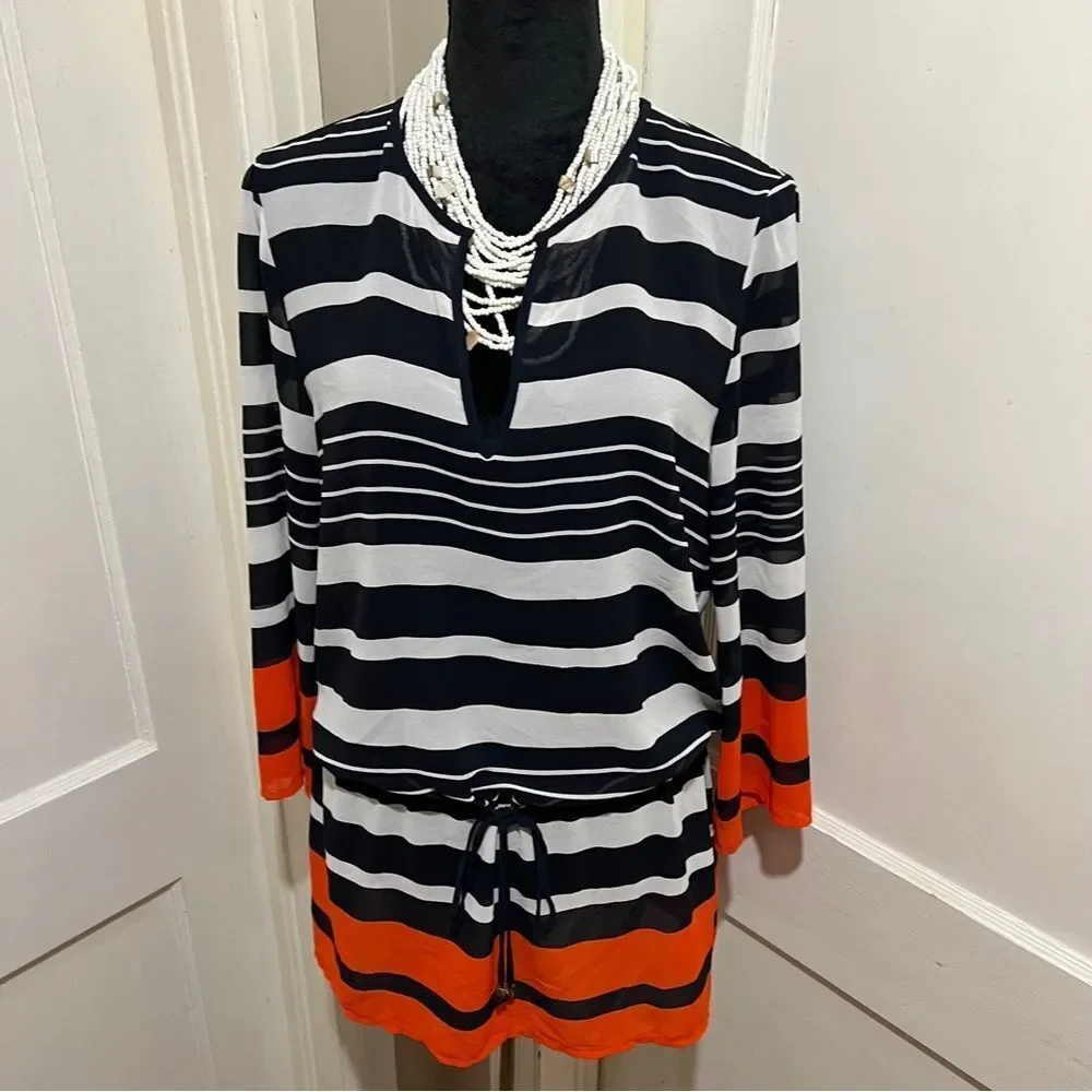 Michael Kors Sheer Striped Pull On Swimsuit Cover Mini Dress Women's Large